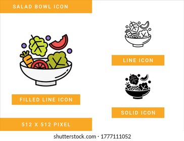 Salad Bowl Icons Set Vector Illustration With Solid Icon Line Style. Fresh Diet Nutrition Symbol. Editable Stroke Icon On Isolated White Background For Web Design, User Interface, And Mobile App