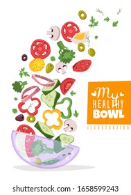 Salad bowl with ingredients flying out of it. Flying vegetables and greens. Vertical illustration. Vector