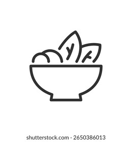 Salad bowl, linear icon. Healthy food or vegetarian meal. Line with editable stroke.