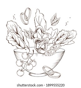 Salad bowl with mix of vegetables and lettuce leaves, engraving style vector illustration isolated white background. Vegetarian food in dish with pepper and vegetables, hand drawn sketch illustration.