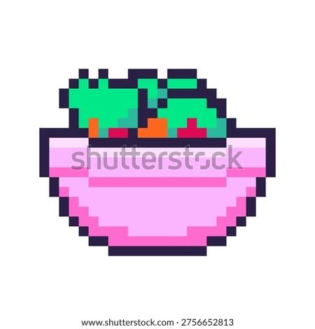 Salad Bowl in Pink Colored, Pixel Art Icon,  Isolated
