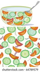 Salad bowl and seamless pattern with cucumber and tomato