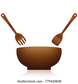 Salad bowl and servers - dark wooden rural kitchen tool set with fork and spoon situated over an empty bowl - isolated vector illustration on white background.