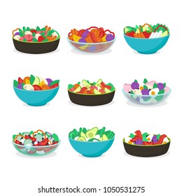 Salad bowl set vector illustration.  Vegetarian, greek salads healthy food icon.