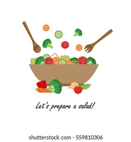 Salad in the bowl and salad spoons flat colorful illustration, healthy salad with cucumber, carrot, tomatoes, broccoli, cut vegetables