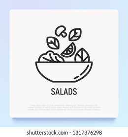 Salad in bowl thin line icon. Healthy food. Modern vector illustration for salad bar.
