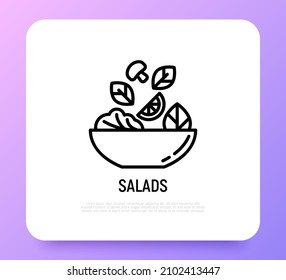Salad in bowl thin line icon. Ingredients are falling in bowl: lemon, champignon, lettuce. Healthy food. Modern vector illustration for salad bar.