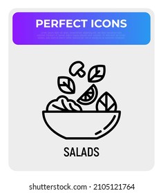 Salad in bowl thin line icon. Ingredients are falling in bowl: lemon, champignon, lettuce. Healthy food. Modern vector illustration for salad bar.