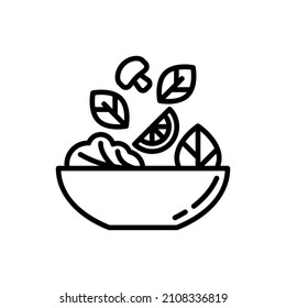 Salad In Bowl Thin Line Icon. Ingredients Are Falling In Bowl: Lemon, Champignon, Lettuce. Healthy Food. Modern Vector Illustration For Salad Bar.