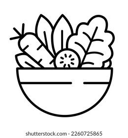 Ensalada en un tazón con iconos delgados. Alimentos saludables. Ilustración vectorial para barra de ensaladas, web y móvil