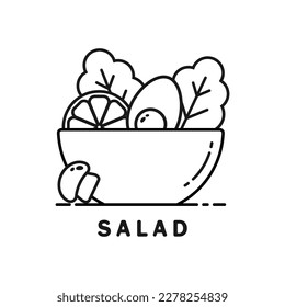 Icono de la línea vectorial del tazón de ensalada en fondo blanco.