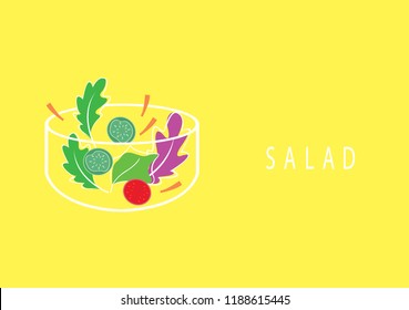 Salad in bowl vector on yellow background.