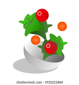 Salad bowl with vegetables. Flying vegetables vector graphic. Healthy living.