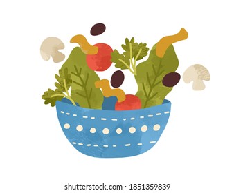 Salad bowl with vegetables and greens isolated on white background. Flat vector cartoon illustration of fresh and healthy vegan lunch meal. Organic vegetarian nutrition