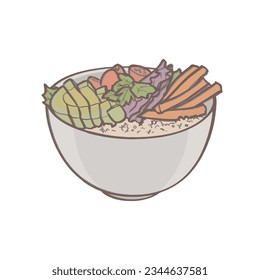 A salad in the bowl with vegetables_avocado, tomato, cabbage, carrot, and boiled barley