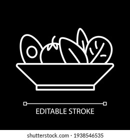 Salad Bowl White Linear Icon For Dark Theme. Healthy Eating. Vegan Meal. Vegetarian Dish. Thin Line Customizable Illustration. Isolated Vector Contour Symbol For Night Mode. Editable Stroke