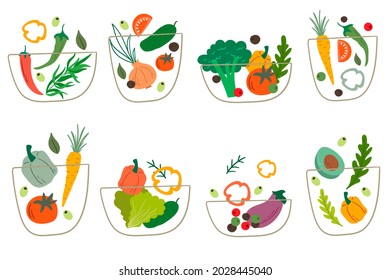 Salad bowls set. Vector illustration of vegetable salads 