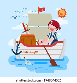 Salad boy boating pirate ship in the sea, drawing design in  cartoon character style flat vector illustration