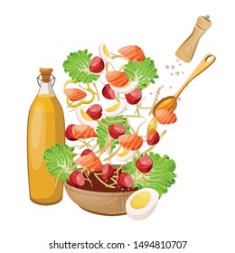 Salad Caesar set with different vegetables like egg, cheese, lettuce, cherry tomato, salmon and pepper. Salad and ingredients. Salad food menu design template. Vector.