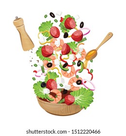 Salad Caesar set with different vegetables like egg, cheese, lettuce, cherry tomato, shrimp, feta, olives and pepper. Salad and ingredients. Salad food menu design template. Vector.