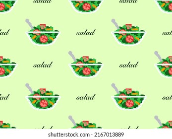Salad cartoon character seamless pattern on green background. Pixel style