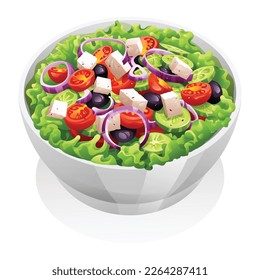 Salad with cheese and fresh vegetables vector illustration. Greek salad