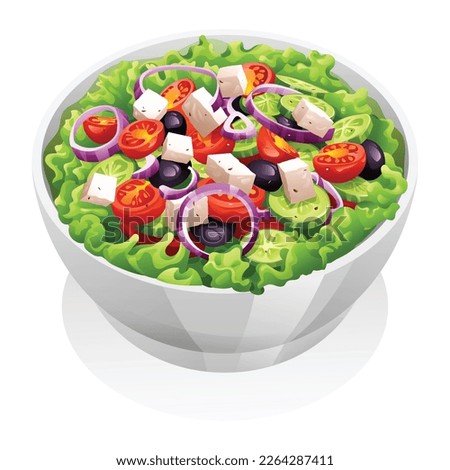Salad with cheese and fresh vegetables vector illustration. Greek salad