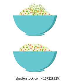 Salad Clipart. Vector Illustration Of Russian Salad. Olivieh Salad In Flat Design.  Icon Of A Blue Bowl With Salad For Sticker, Cover, Banner, Button, Cartoon Design. 