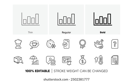 Ensalada, taza de café e iconos de línea de termómetro alto. Paquete de documentos financieros, teléfono aprobado, icono de bolsa de dinero. Éxito, temporizador de congelación, pictograma de notificación de Internet. Video Conferencia. Vector