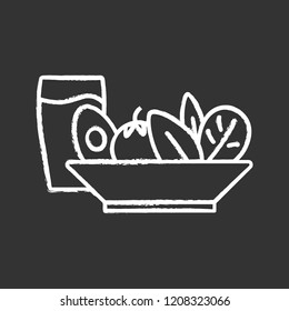 Salad and cold drink chalk icon. Healthy nutrition. Salad bar. Vegetarian food. Restaurant or cafe menu. Right business lunch menu. Isolated vector chalkboard illustration