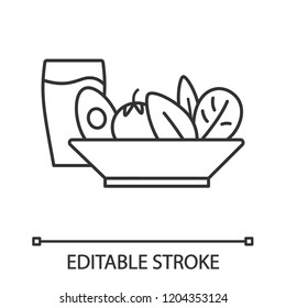 Salad and cold drink linear icon. Healthy nutrition. Thin line illustration. Salad bar. Vegetarian restaurant or cafe menu. Right business lunch menu. Vector isolated outline drawing. Editable stroke