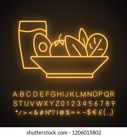 Salad and cold drink neon light icon. Healthy nutrition. Salad bar. Vegetarian food. Restaurant or cafe menu. Right business lunch menu. Glowing alphabet, numbers. Vector isolated illustration