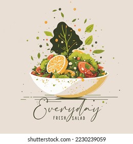 salad consists of tomato, lettuce leaves, arugula, basil, peppers, onions and cucumber. Healthy food concept Vector illustration