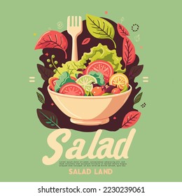 salad consists of tomato, lettuce leaves, arugula, basil, peppers, onions and cucumber. Healthy food concept Vector illustration