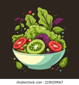 salad consists of tomato, lettuce leaves, arugula, basil, peppers, onions and cucumber. Healthy food concept Vector illustration