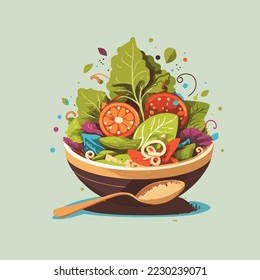 salad consists of tomato, lettuce leaves, arugula, basil, peppers, onions and cucumber. Healthy food concept Vector illustration