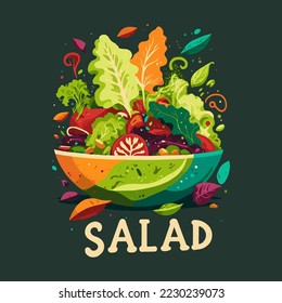 salad consists of tomato, lettuce leaves, arugula, basil, peppers, onions and cucumber. Healthy food concept Vector illustration