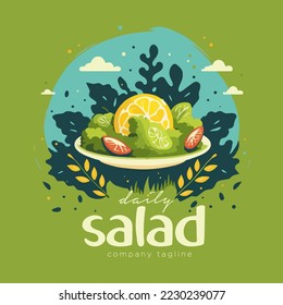 salad consists of tomato, lettuce leaves, arugula, basil, peppers, onions and cucumber. Healthy food concept Vector illustration