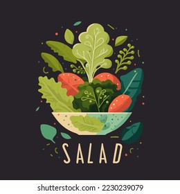 salad consists of tomato, lettuce leaves, arugula, basil, peppers, onions and cucumber. Healthy food concept Vector illustration