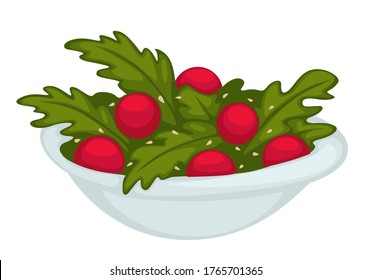 Salat gekocht aus Kirschtomaten, einzeln Schüssel mit gesundem Essen. Speisen Sie im Restaurant oder im Boutique-Restaurant, im Aperitif oder im Bistro. Vegetarische und veganische Gerichte, Vektorgrafik auf Flachstahl
