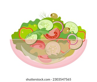 Salat aus Gurken, Tomaten, Paprika, grünen Oliven, roten Zwiebeln, Dill und Senfsamen. Flaches Design.