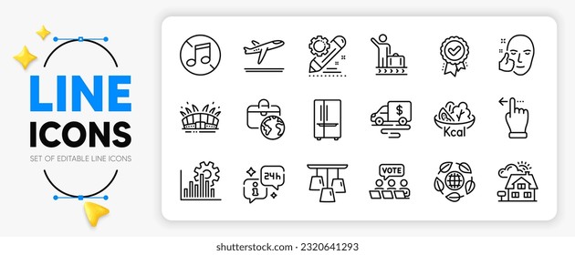 Salad, Departure plane and No music line icons set for app include Touchscreen gesture, Approved award, Info outline thin icon. Luggage belt, Refrigerator, Seo graph pictogram icon. Vector