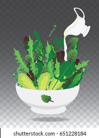 salad , different types of lettuce in a white bowl on a transparent background , white sauce, saucer ,shadow