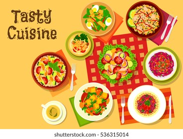 Salad dishes top view icon with vegetable and cheese, fried tofu and bacon, fruit salad with croutons, cod liver egg salad, couscous tomato zucchini salad, fried rice with vegetables