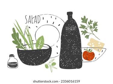 Salad doodle set. Texture arugula, parsley, basil, cheese, tomato, olives, bottle of olive oil.