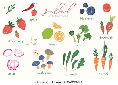 Salad elements. Fresh berry, carrot, herbs. Flat vector illustration