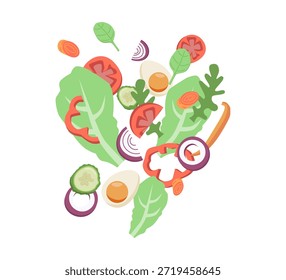 Salada queda ilustração de vetor de desenhos animados. Salada voadora com tomates vermelhos, queijo, pepino, espinafre e conceito de alface. Folhas de salada frescas. Folhas culinárias populares para cozinhar. Alface Verde