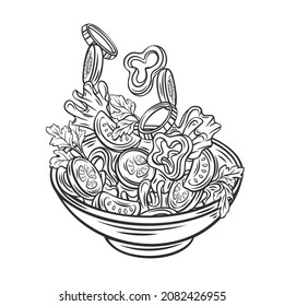 Salad falling into bowl outline hand drawn vector illustration. Flying salad with red tomatoes, pepper, cucumber, spinach and lettuce concept cooking