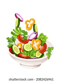 Salad falling into bowl vector illustration. Flying salad with red tomatoes, pepper, cucumber, spinach and lettuce concept cooking