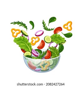 Salad falling into bowl vector illustration. Flying salad with red tomatoes, pepper, cucumber, spinach and lettuce concept cooking